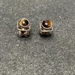Vintage Cats Eye Stud Earrings Sterling Silver Bezel Set Square Back